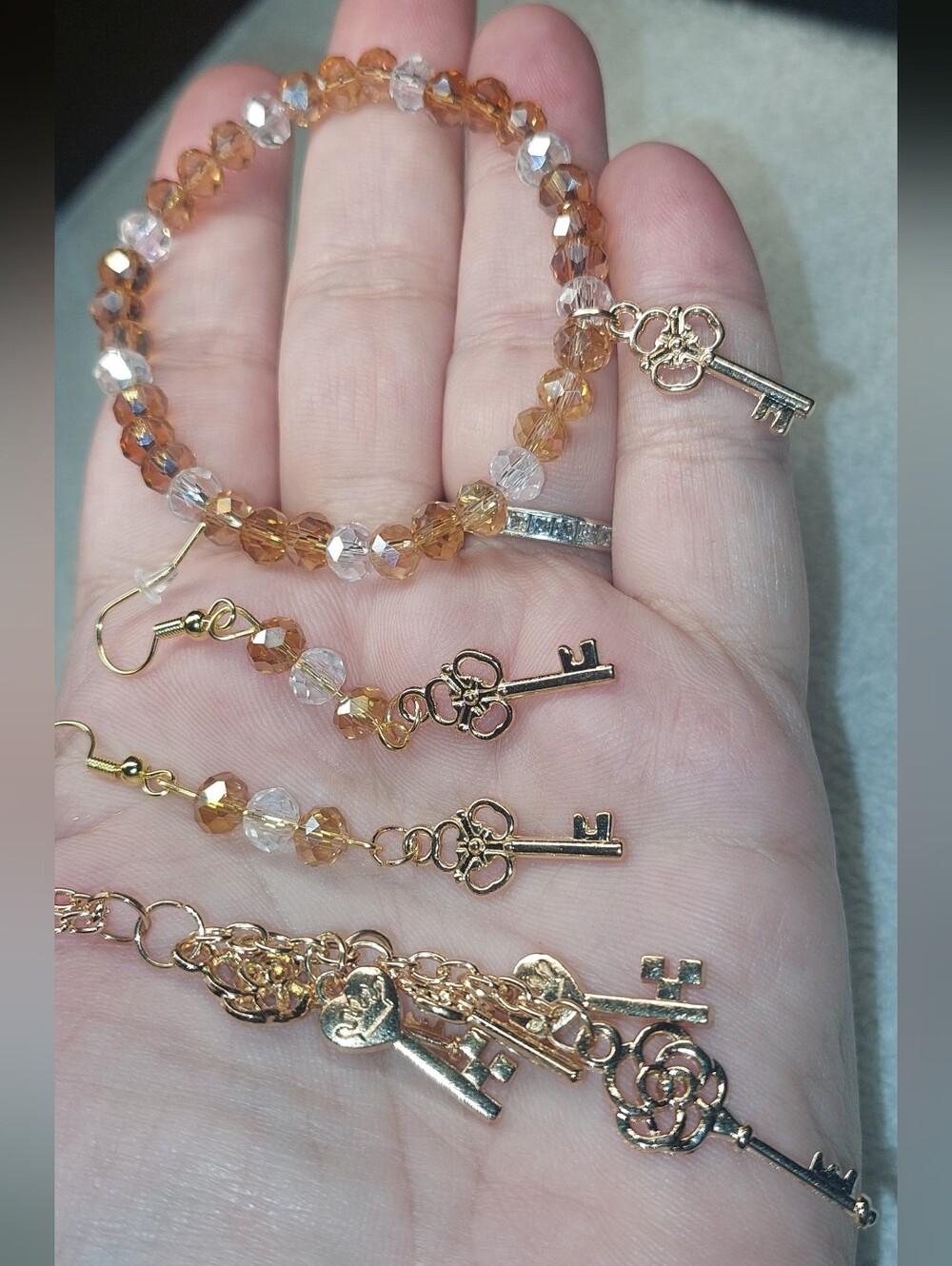 Rose Goldtone Key Charm Bracelet and Earring Necklace Set in Amber-Citrine